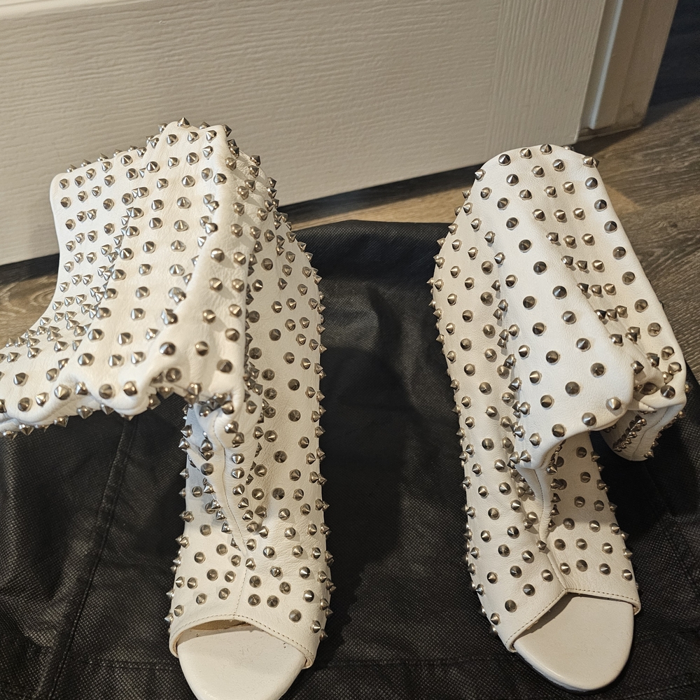 Never Worn Christian Louboutin White Studded Heeled Peeptoe Boots
